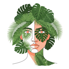 Woman's face merging with lush green tropical leaves and foliage.