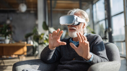 Active elderly person interacting with virtual reality metaverse technology at home for future of aging concept.