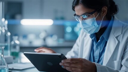 Doctor using digital tablet with medical interface in laboratory, representing healthcare technology, digital diagnostics, data analysis, and smart medical innovation. - Powered by Adobe