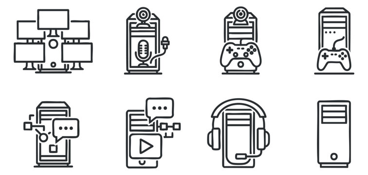 A collection of computer and gaming icons in clean outline vector style, ideal for technology and multimedia design - Powered by Adobe