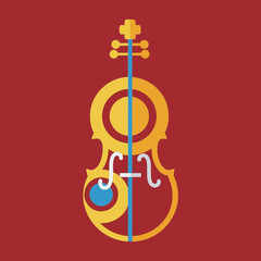 Stylized golden violin with f-holes and a blue circle.