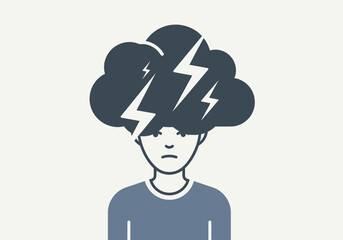 Person with stormy thoughts and lightning bolts in head.