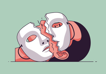 Two masks, one broken, revealing a human face and emotion.