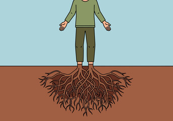 Person standing with roots growing from feet into soil.