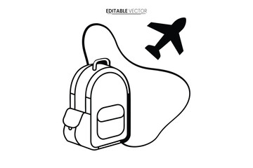 A simple black and white illustration depicts a rolling suitcase and an airplane evoking travel themes