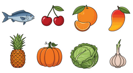 Broad assortment of fresh food items including whole fish, fruits like cherries and oranges, and vegetables like cabbage and pumpkin.