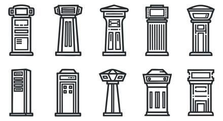 Fototapeta premium A collection of outline style mailbox and information post icons in black and white vector design, suitable for urban signage and communication projects