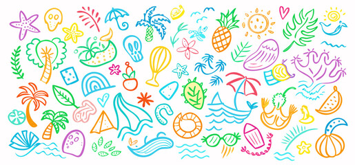 Summer vacation doodles in bright cheerful colors on white background for childrens illustration