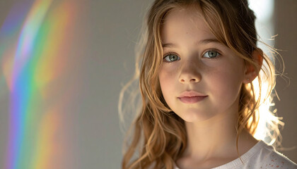 Radiant Child in a Symphony of Light: A young girl, bathed in a spectrum of color, emanates a sense of wonder and purity, her eyes reflecting the vibrant dance of light and shadow.