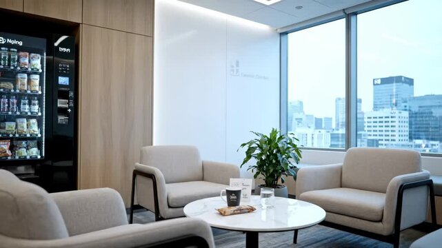 Modern Office Lounge with Vending Machine - This video showcases a modern office lounge area with comfortable armchairs surrounding a round marble table.