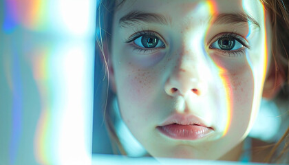 Prismatic Gaze: The delicate features of a young girl are framed by ethereal, colorful light refractions, her eyes alight with wonder.