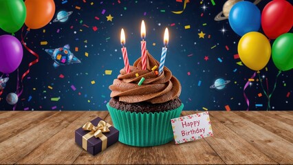 Obraz premium Colorful balloons and confetti with a cupcake, gifts, and a Happy Birthday card celebrating birthday festivities.