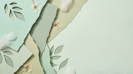 Top view of torn pastel paper layers with delicate white feathers and small flowers creating a soft and airy abstract background for design with pastel background