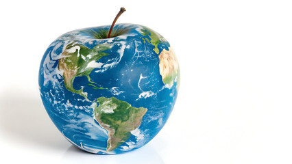 A 3d earth globe illustration of the world features blue oceans and green continents Apple Shaped.