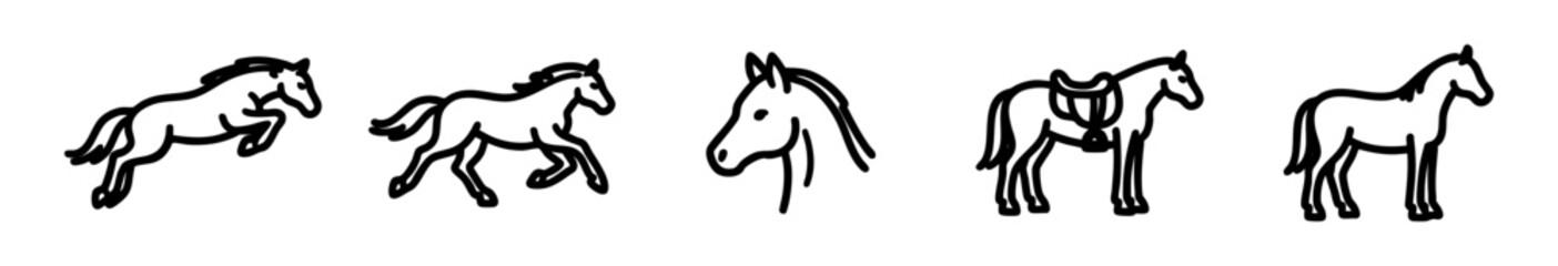 A set of five minimalist horse line art icons featuring jumping, galloping, a profile head, and standing poses with and without a saddle.