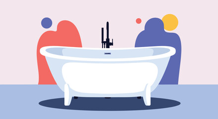 Modern white clawfoot bathtub with a black faucet set against a contemporary background of abstract colorful shapes.