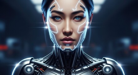 Futuristic portrait of a humanoid robot face glowing with cybernetic elements