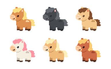 Set of six adorable pixel art horses in different colors, including chestnut, grey, and bay. Cute 8-bit style animal icons isolated on white.