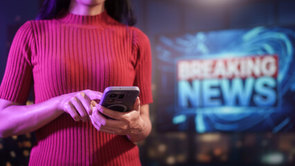 Female news presenter gestures confidently in modern studio, vibrant lighting, breaking news screen behind, professional broadcast, journalism, television media, live reporting studio background