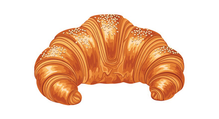 Freshly baked golden brown croissant with a flaky crust and sprinkled with white sesame seeds on white background.