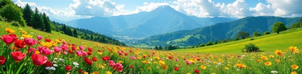 Majestic Fuji, vibrant wildflowers, lush green fields, travel, clear sky, wallpaper