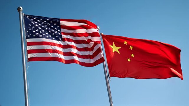 us flag waving next to chinese flag in blue sky. relations between usa and china