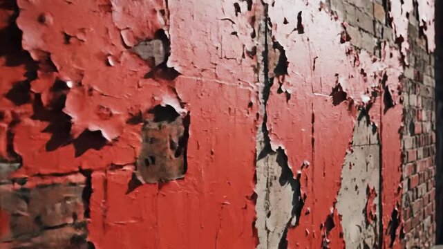 Weathered brick wall with peeling red paint texture for background