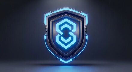 Abstract shield icon glowing blue design on dark background digital concept