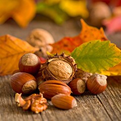 A healthy autumn still life featuring a tasty group of walnuts, hazelnuts, and almonds mixed with fallen leaves and natural nutshells isolated on a white macro background