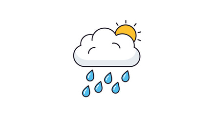 Weather icon showing a white cloud with yellow sun behind it and blue rain drops falling on a clean white background.