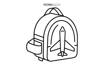 A simple line drawing of a backpack featuring a rocket ship design on the front panel
