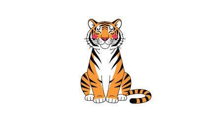 Friendly cartoon tiger sitting and smiling with closed eyes and black stripes on an orange fur coat on white backdrop.