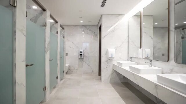 Modern Public Restroom Interior - A modern and clean public restroom featuring frosted glass stalls, sleek white sinks and marble walls. The room is well-lit and appears hygienic and well-maintained.
