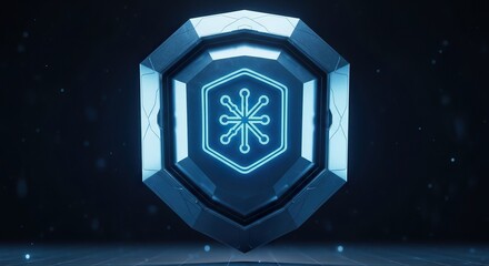 Abstract technology shield emblem on dark background