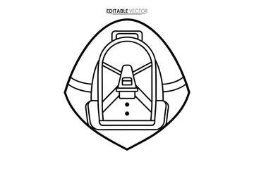 A detailed black and white line drawing of a backpack within a triangular frame design