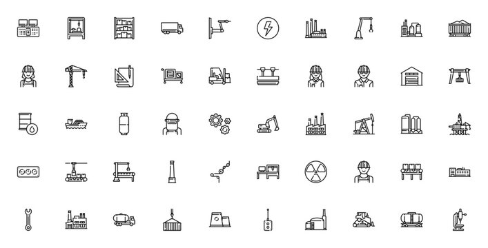 Industry icon set. Vector illustration of industrial equipment and workers. Includes machinery, factory, engineer, conveyor, refinery, oil, truck, crane, and more. Editable stroke.
