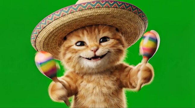 Cute cat wearing sombrero and holding maracas isolated on green background fiesta concept
