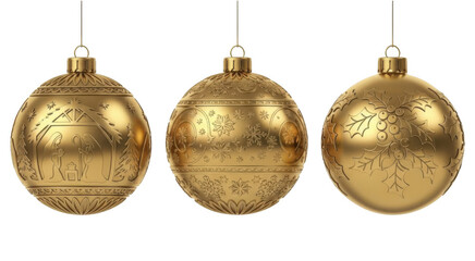 Gold christmas ornaments collection with engraved festive patterns and nativity scene