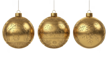 Gold christmas ornaments collection with engraved festive patterns and nativity scene