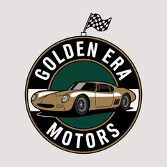 Golden Era Motors round badge with classic coupe and waving flag, elegant heritage automobile emblem; retro touring car vector for clubs, events and posters
