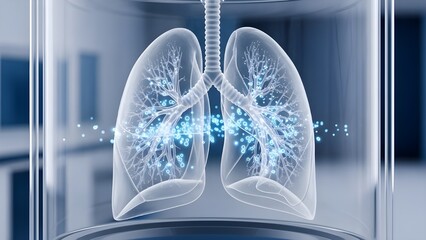 3D Render of Human Lungs with Glowing Blue Particles in Transparent Futuristic Container for Medical Concept