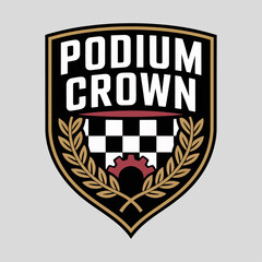 Podium Crown shield with laurel wreath and checkered field, premium racing victory emblem; classic motorsport vector badge for awards, trophies and events