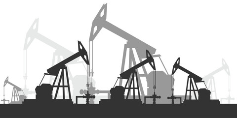 Oil rig pumpjack background. Petroleum industry. Simple flat silhouette banner. Crude oil