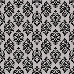 Fototapeta premium Black and grey damask pattern vector in elegant seamless style, classic decorative damask pattern vector for wallpapers, vintage floral damask pattern vector for textiles and luxury backgrounds