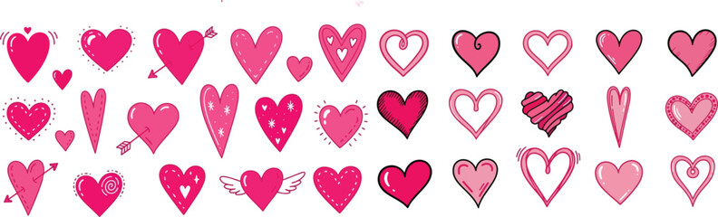 Pink hearts doodle artistic set. Valentines hearts vector design.eps