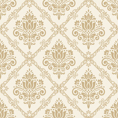 Fototapeta premium Brown and cream damask pattern vector in elegant seamless style, classic decorative damask pattern vector for wallpapers, vintage floral damask pattern vector for textiles and luxury backgrounds