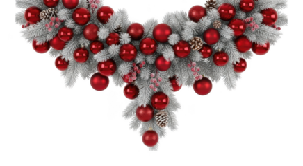 Heart shaped christmas garland made from frosted pine and red baubles isolated