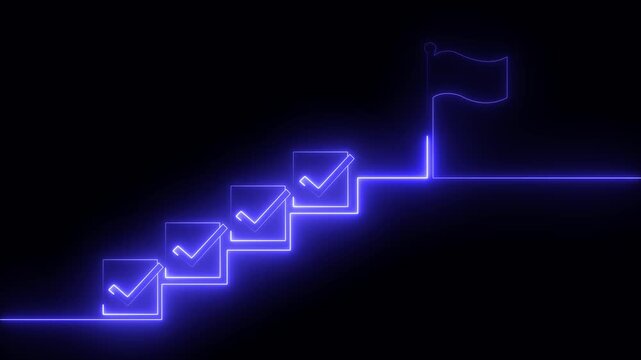 check mark on each step and a flag at the top .Business success and goal achievement steps. Businessman drawing check marks on virtual staircase steps toward achieving goals on the black background.