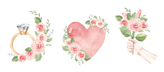 St. Valentine day or wedding, engagement compositions set with heart, golden ring with diamond and man hand with pink roses bouquets. Hand drawn Watercolor illustration isolated on a white background