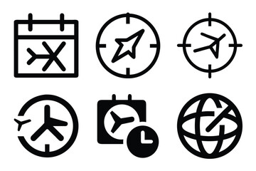 A collection of black and white travel and time related icons displayed in a simple design